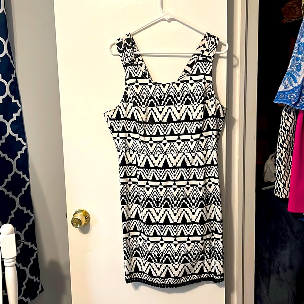 Cute black + white Aztec shift dress, Jade by Melody Tam